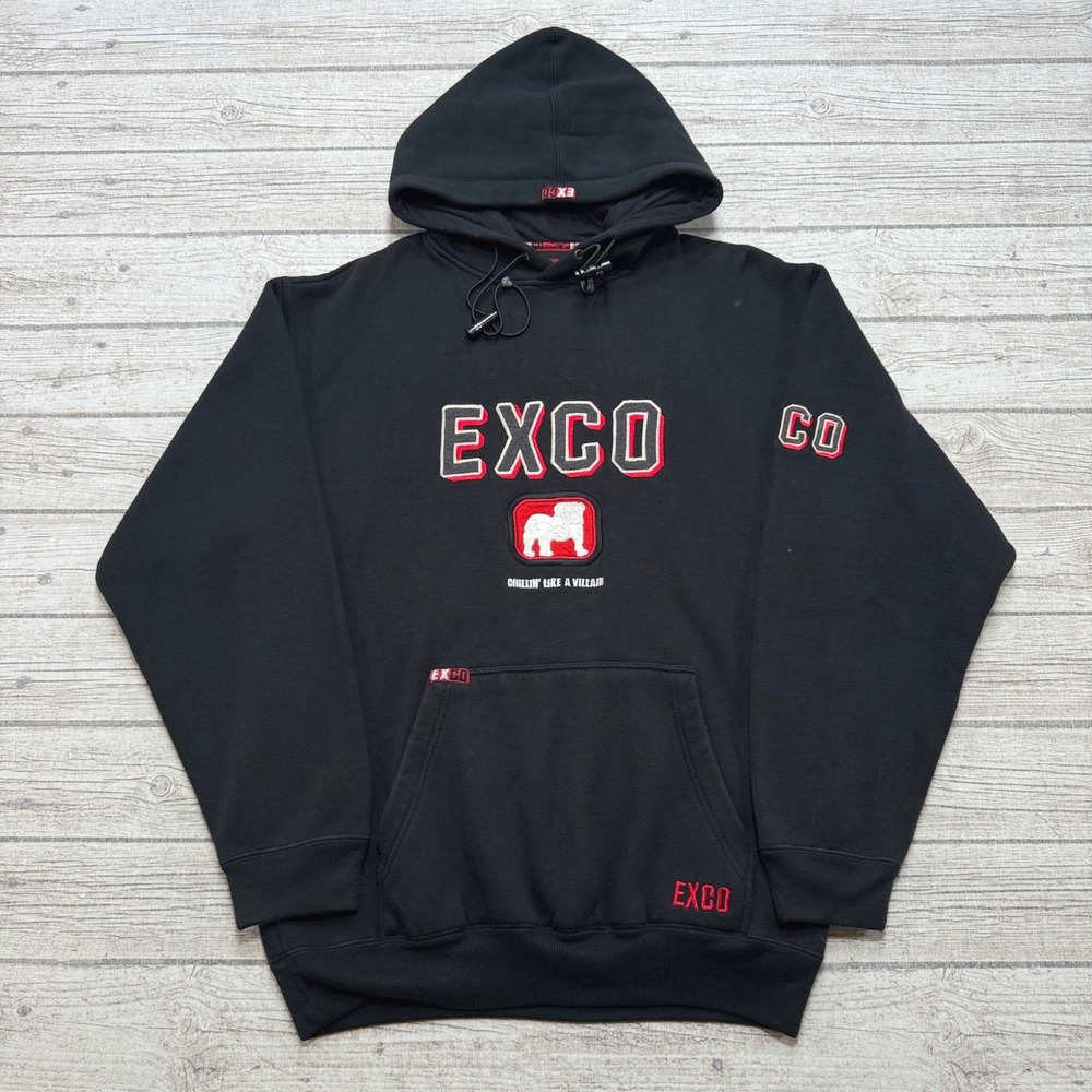 Y2K EXCO Hoodie Men's Small Black Fleece Lined Loose Skater Hip Hop Streetwear